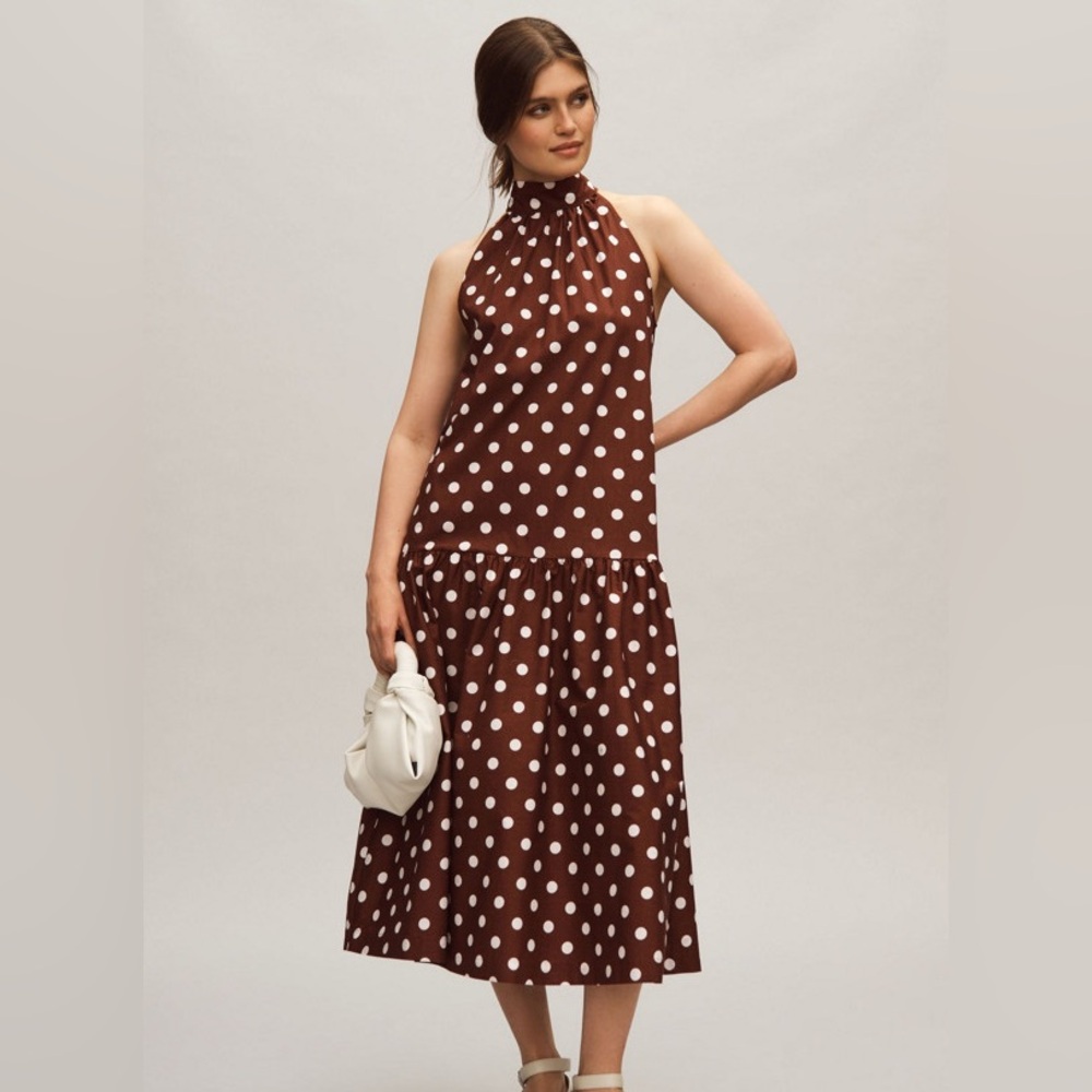 Anthropologie Maeve Polka Dot Sleeveless Halter Dress in Brown and White